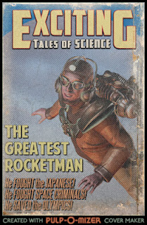 A spoof pulp magazine cover advertising a story called The Greatest Rocketman