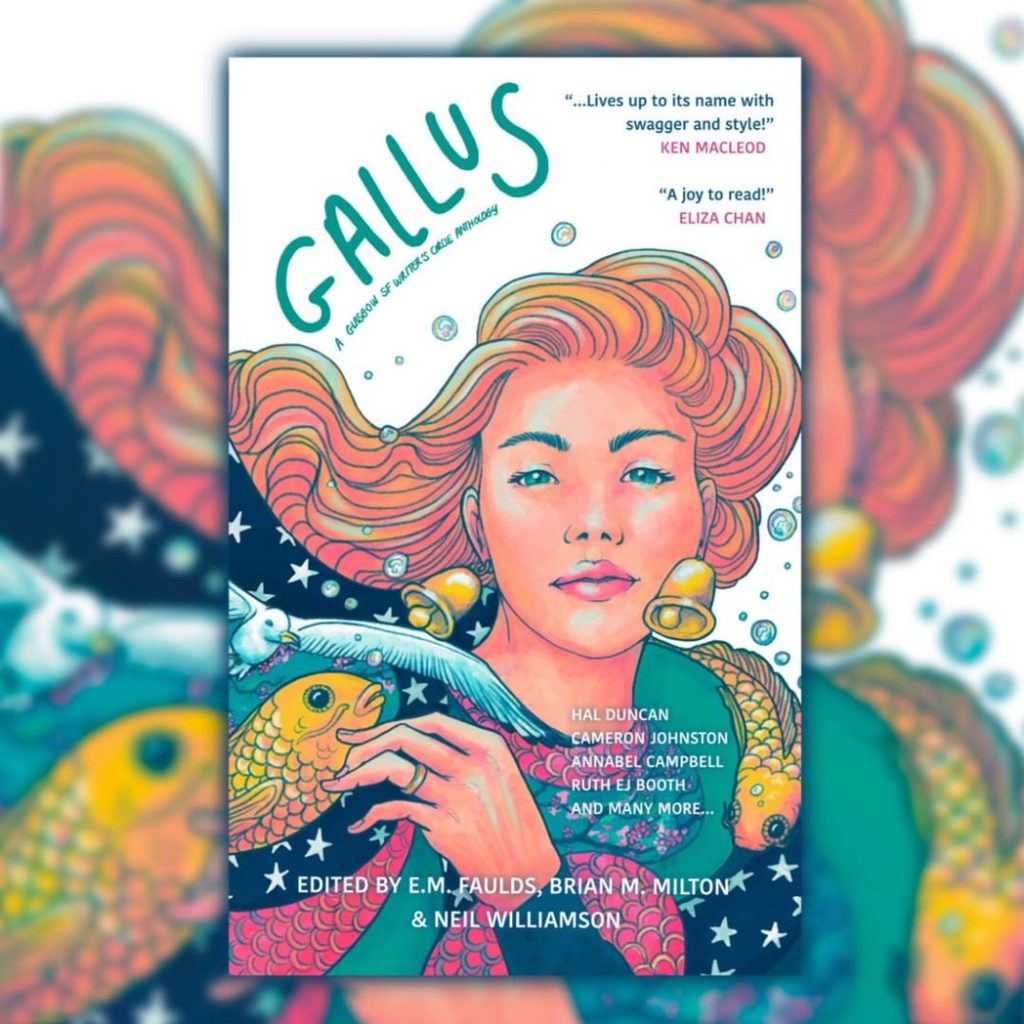 The cover of Gallus. It is a drawn picture of a blonde woman with bell earrings surrounded by bubbles, a seagull and two golden fish.